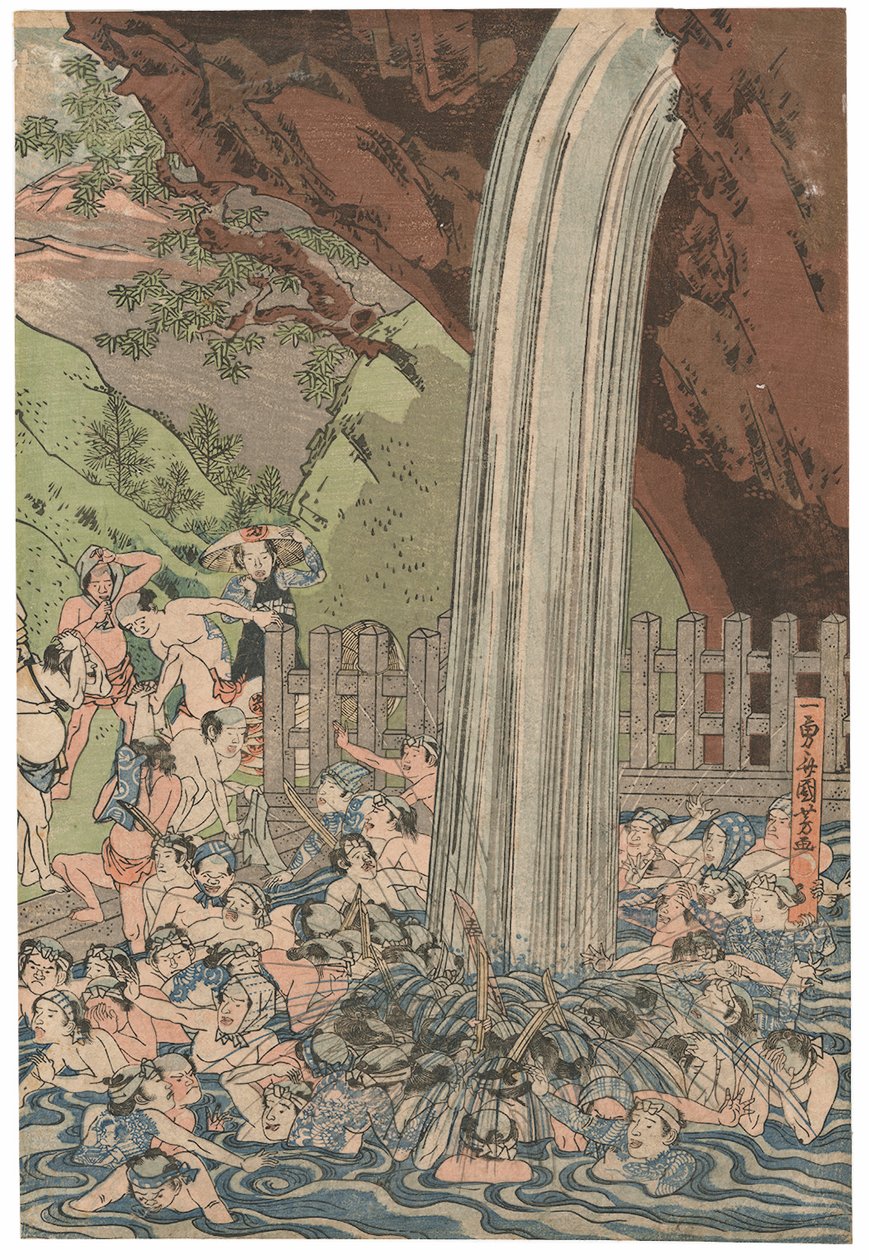 Pilger am Roben-Wasserfall in Oyama, signiert Ichiyusai Kuniyoshi, veröffentlicht von Azumaya Daisuke, kiwame-Siegel, Oban tate-e Triptychon von Utagawa Kuniyoshi