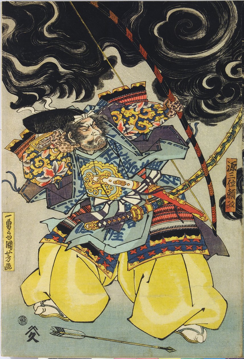 Blatt aus einem Farbholzschnitt-Triptychon, das Minamoto no Yorimasa zeigt, unterstützt von Ii Hayata und Watanabe Choshichi, wie er die nue vom Dach des Palastes von Kaiser Konoe abschießt: Japan, Edo, von Utagawa Kuniyoshi, ca. 1820 - 1825 von Utagawa Kuniyoshi