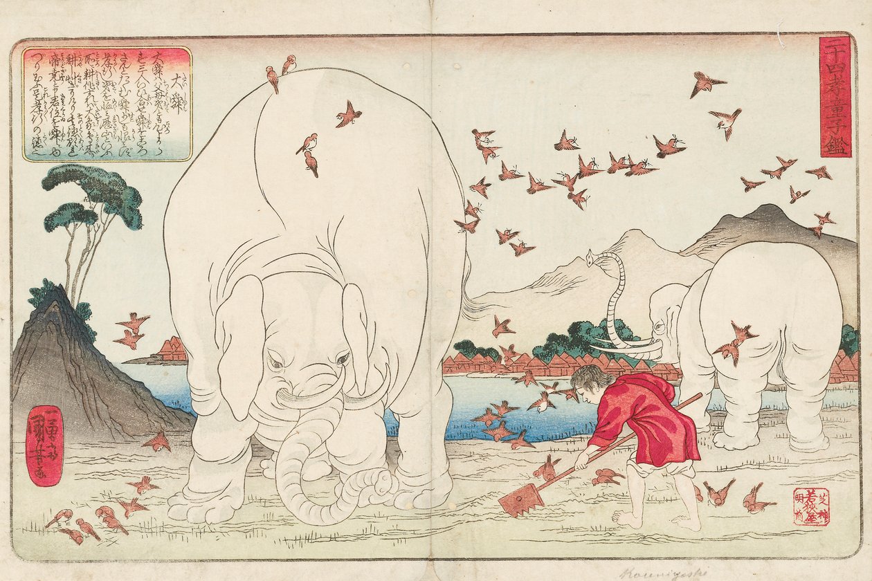 Taishun pflügt ein Feld mit Hilfe von Elefanten und einem Spatzenschwarm, signiert Ichiyusai Kuniyoshi ga, ca. 1843 von Utagawa Kuniyoshi
