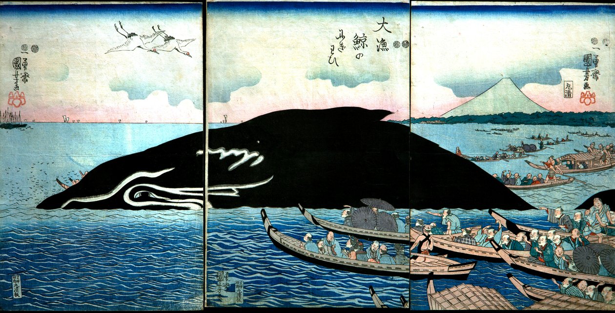 Menschenmenge um einen gefangenen Wal von Utagawa Kuniyoshi