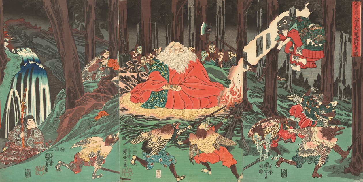 Ushiwakamaru lernt die Kunst des Fechtens von den Tengu, beobachtet von ihrem Meister Sojobo von Utagawa Kuniyoshi