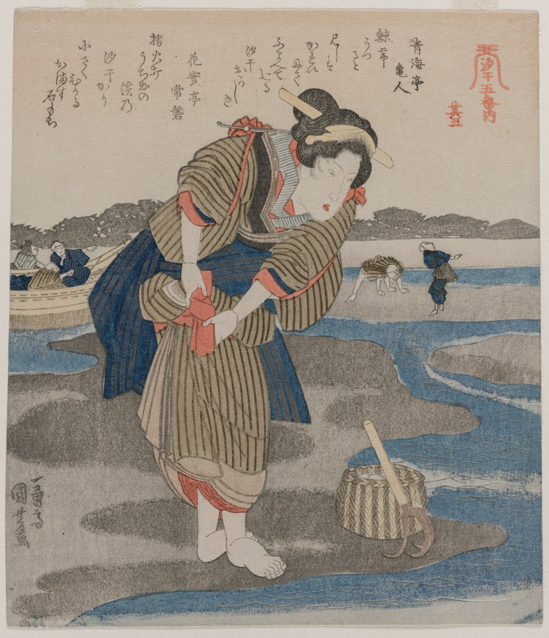Frau befestigt ihre Röcke, aus der Serie Fünf Bilder bei Ebbe, späte 1820er Jahre von Utagawa Kuniyoshi