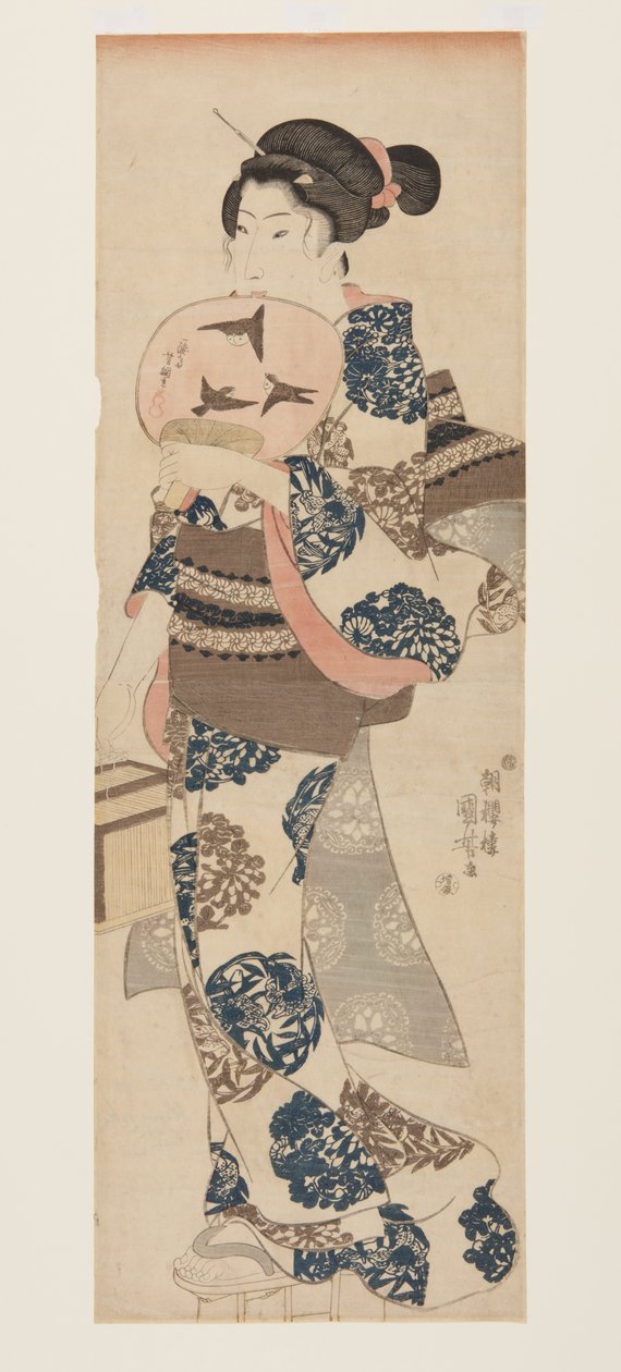 Frau mit Fächer und Insektenkäfig von Utagawa Kuniyoshi