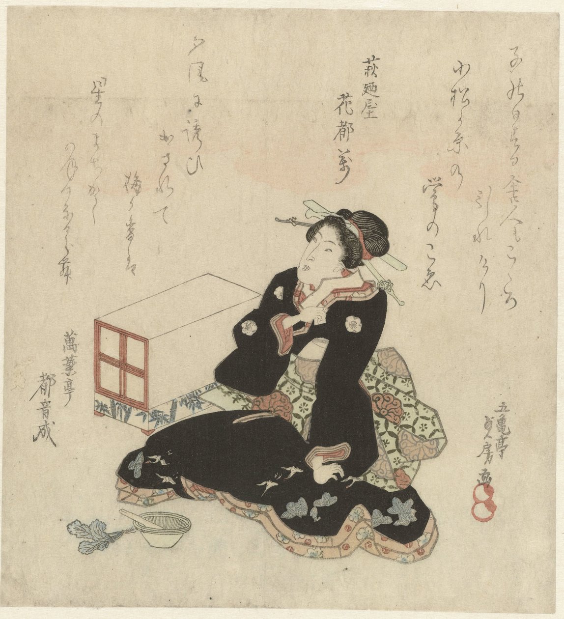 Frau bereitet Grünzeug in einem Mörser vor von Utagawa Sadafusa