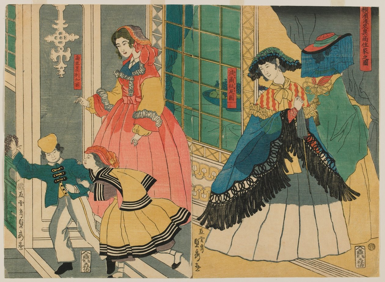 Bild der Residenz eines ausländischen Kaufmanns aus Übersee: Portugal und Südamerika, Edo-Periode, 1861 von Utagawa Sadahide