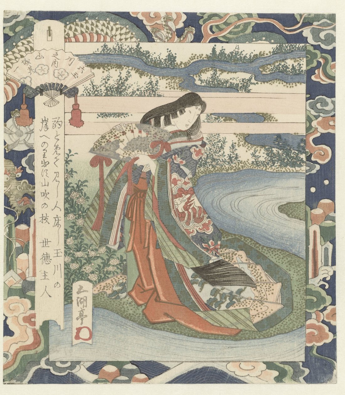 Hofdame am Flussufer von Utagawa Sadakage
