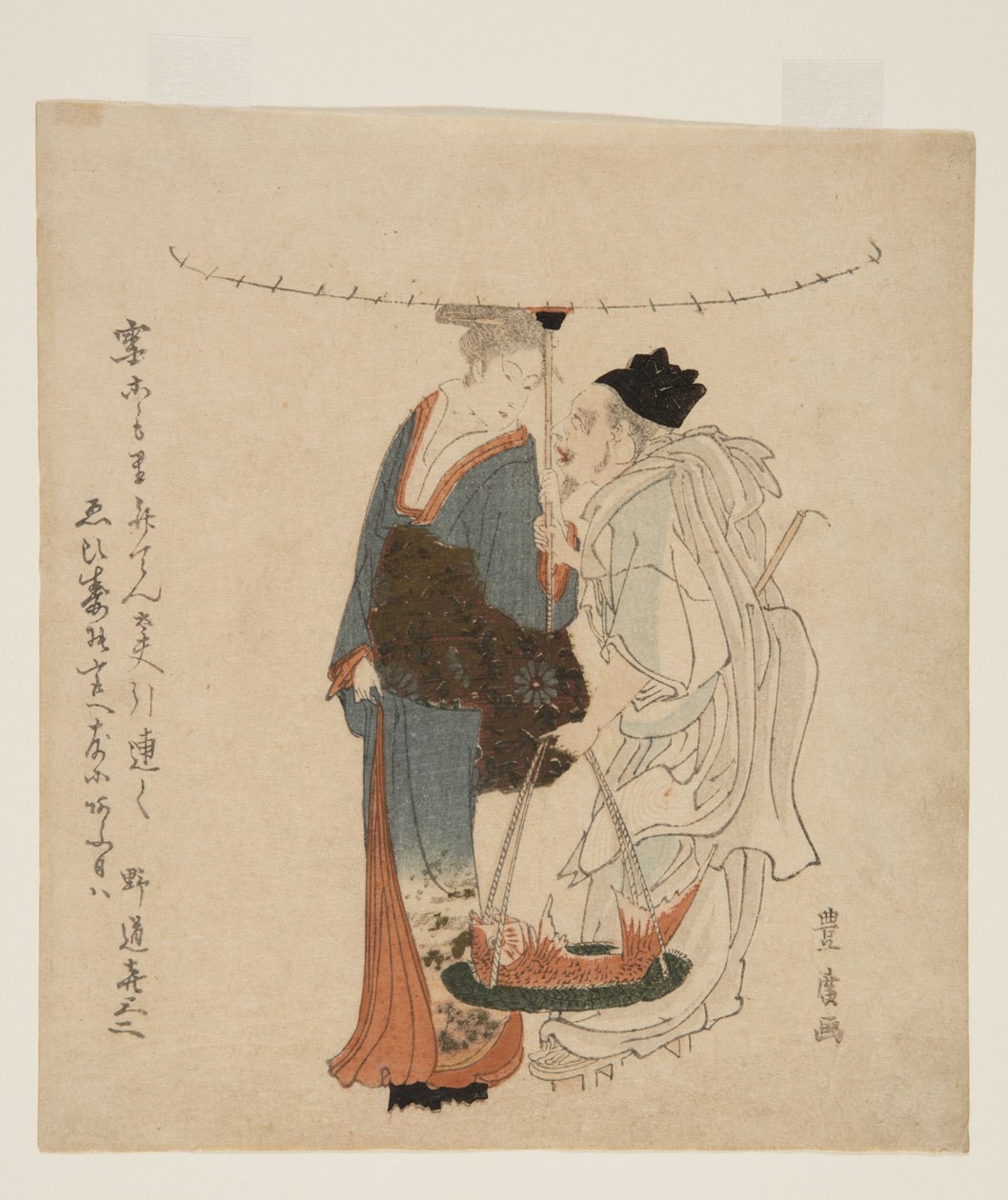 Der Gott Ebisu geht mit einer jungen Frau im Schnee von Utagawa Toyohiro