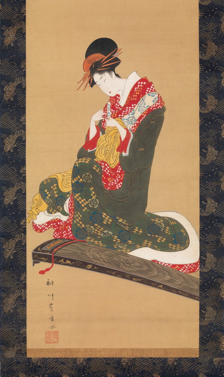 Frau, die Fingerplektren anlegt, um die Koto zu spielen, frühes 19. Jahrhundert von Utagawa Toyohiro