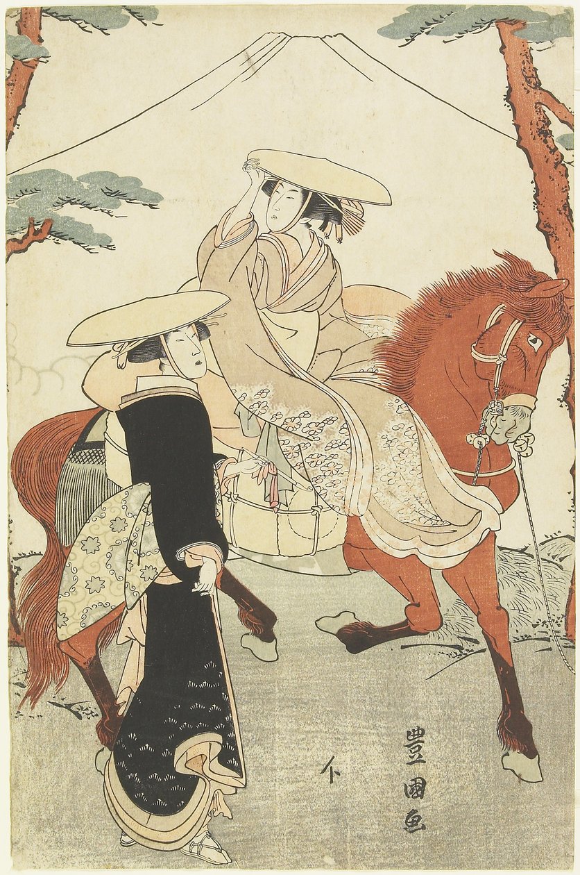 (Zwei Frauen, eine gehend, eine zu Pferd), spätes 18. - frühes 19. Jahrhundert von Utagawa Toyokuni