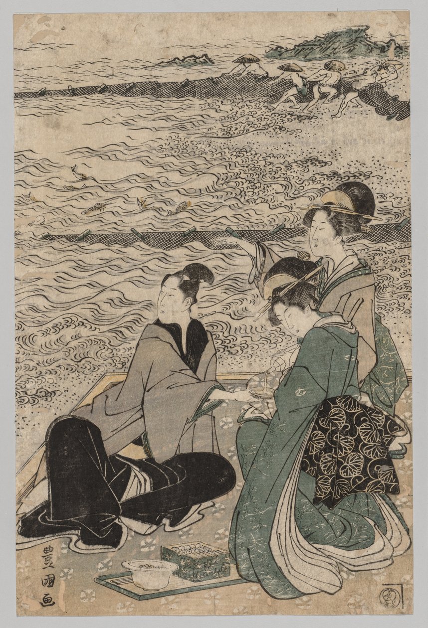 Mann und zwei Frauen am Meeresufer, 1769-1825 von Utagawa Toyokuni