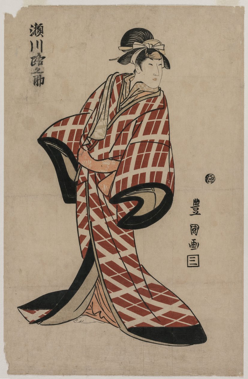 Segawa Michinosuke in einem gepolsterten karierten Gewand, um 1805 von Utagawa Toyokuni