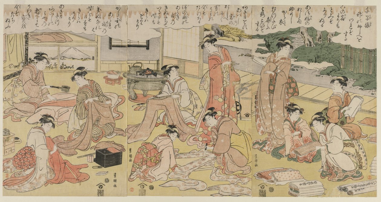 Frauen, die Kleidung machen von Utagawa Toyokuni