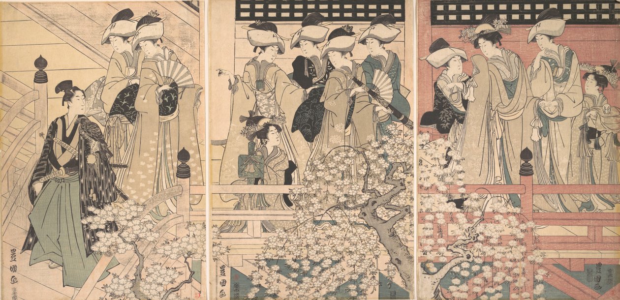 Schönheiten auf einer Veranda unter Kirschblüten, von denen ein Samurai abreist, ca. 1800 von Utagawa Toyokuni I