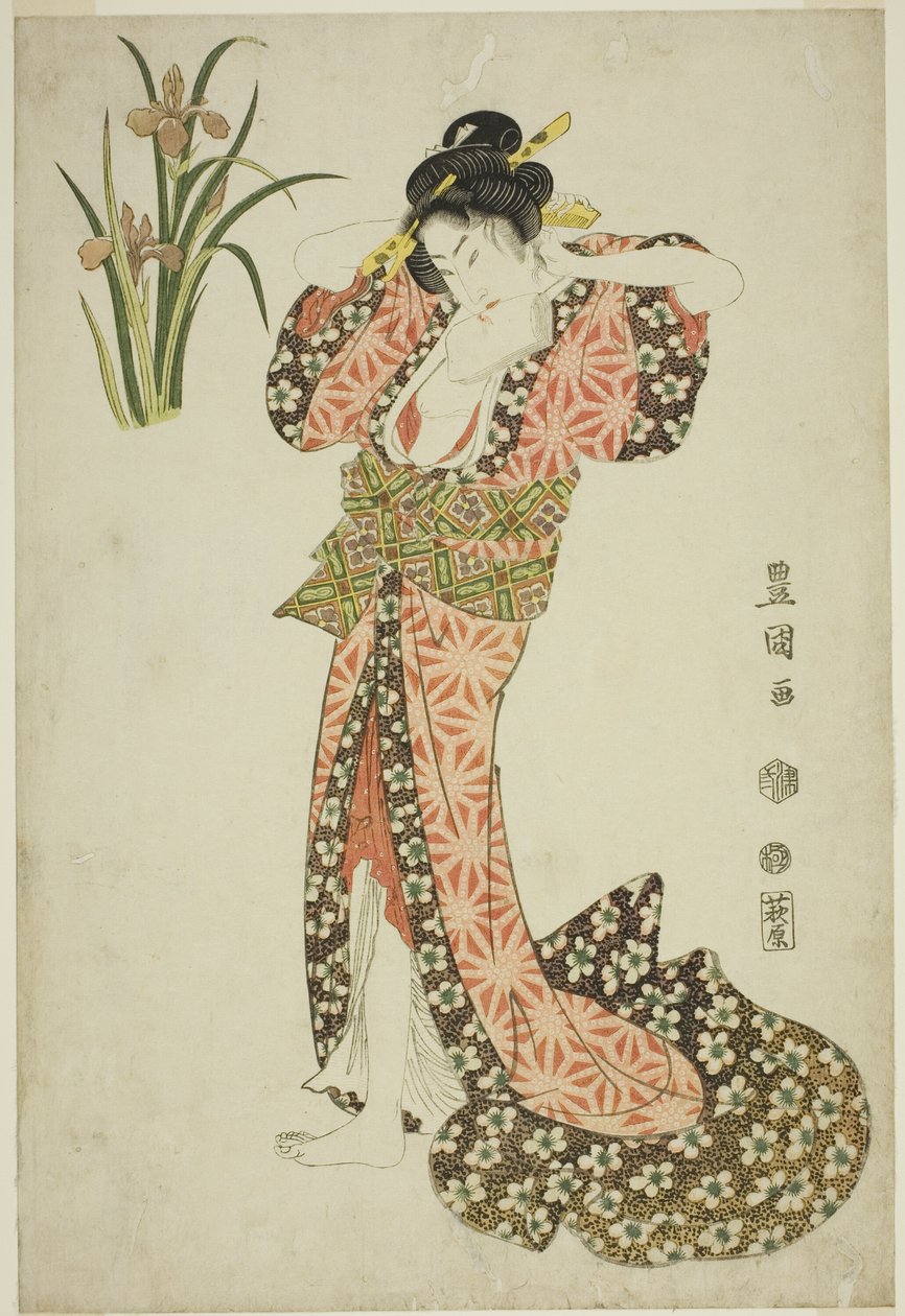 Schwertlilien: Schönheit richtet Haare, aus einer unbetitelten Serie von Schönheiten und Blumen von Utagawa Toyokuni I