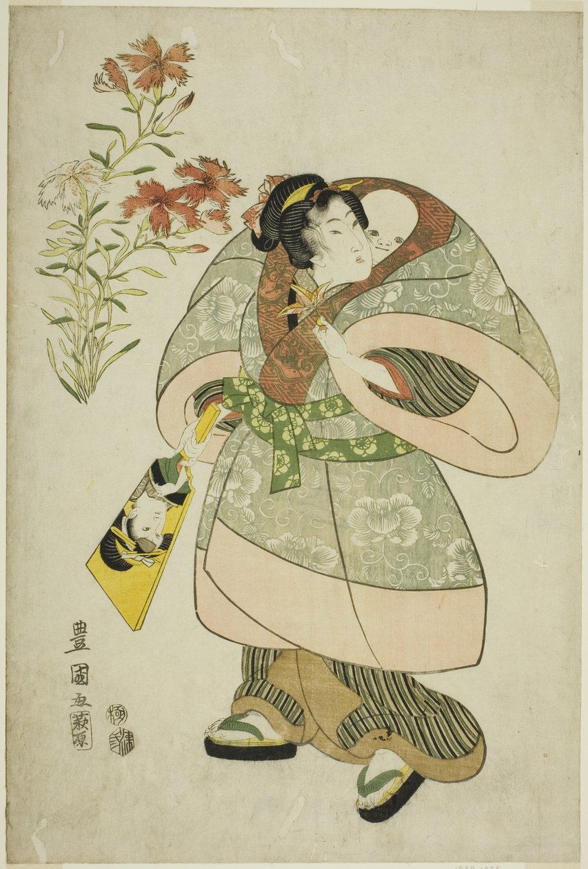 Nelken: Krankenschwester und Baby, aus einer unbetitelten Serie von Schönheiten und Blumen von Utagawa Toyokuni I