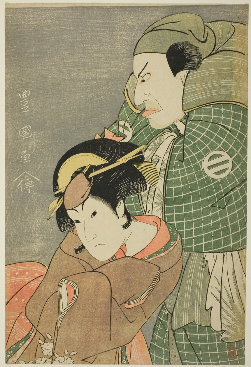 Die Schauspieler Kataoka Nizaemon VII als Iyo no Taro und Iwai Hanshiro IV als Kojoro-gitsune von Okazaki im Stück "Seiwa Nidai Oyose Genji," aufgeführt im Miyako Theater im elften Monat, 1796 von Utagawa Toyokuni I