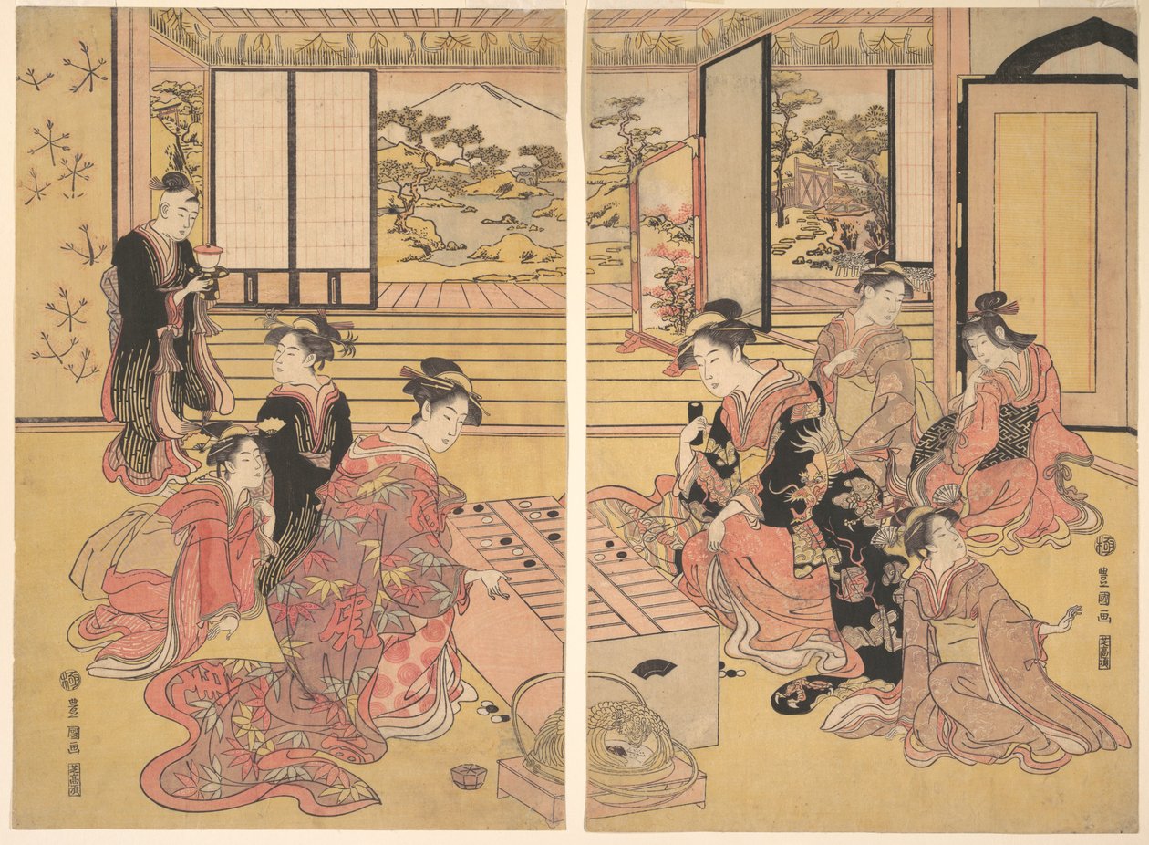 Zwei junge Frauen spielen ein Spiel von Sugoroku von Utagawa Toyokuni I