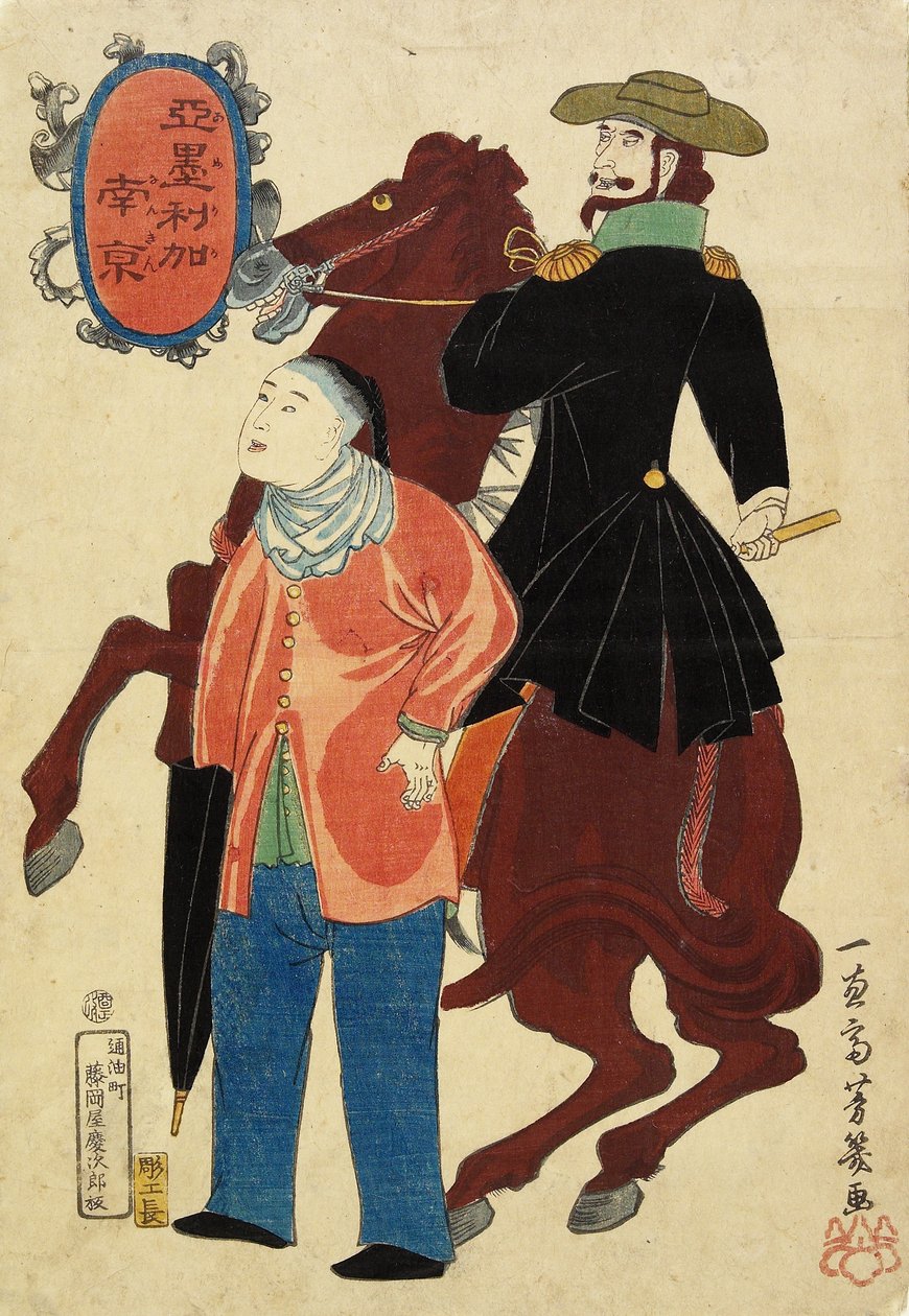 Amerikanischer Reiter und ein Chinese, Januar 1861 von Utagawa Yoshiiku