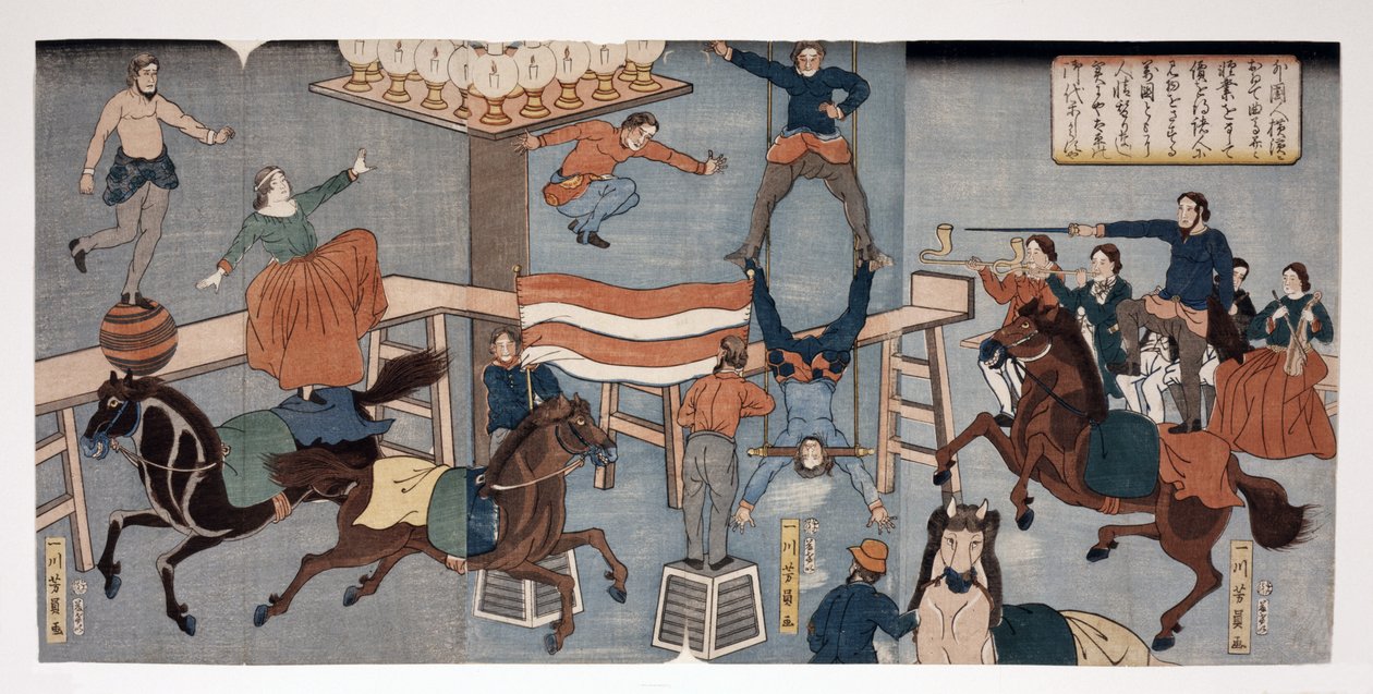Ausländischer Zirkus in Yokohama, veröffentlicht 1864 von Utagawa Yoshikazu