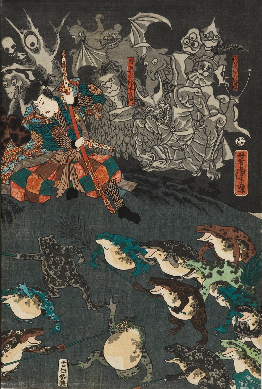 Nikushi der Froschgeist beschwört einen magischen Kampf der Frösche in Tateyama in der Provinz Etchu, 1864 von Utagawa Yoshitora