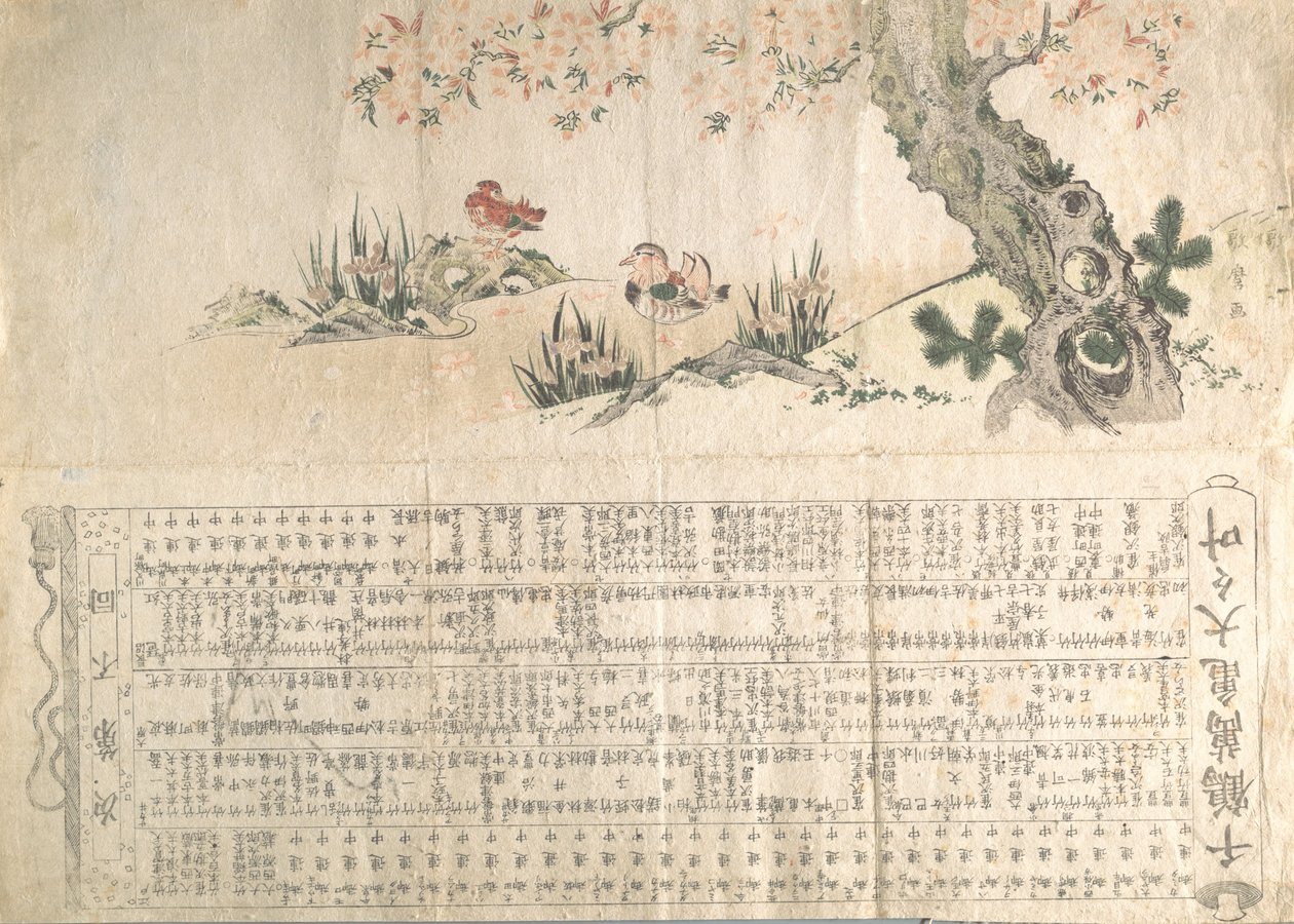 Mandarinenten in einer Frühlingslandschaft: Programm für eine Jururui-Aufführung von Utamaro II