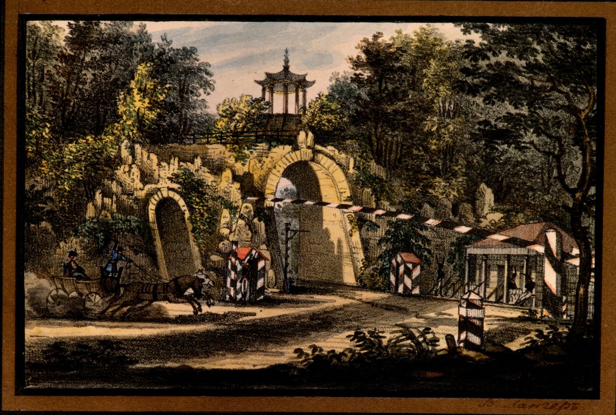Der Grand Caprice Pavillon im Katharinenpark von Zarskoje Selo - Valerian Platonowitsch Langer, Lithographie, Aquarell, ca. 1820 - Staatliches Freilichtmuseum Zarskoje Selo, Sankt Petersburg von Valerian Platonovich Langer