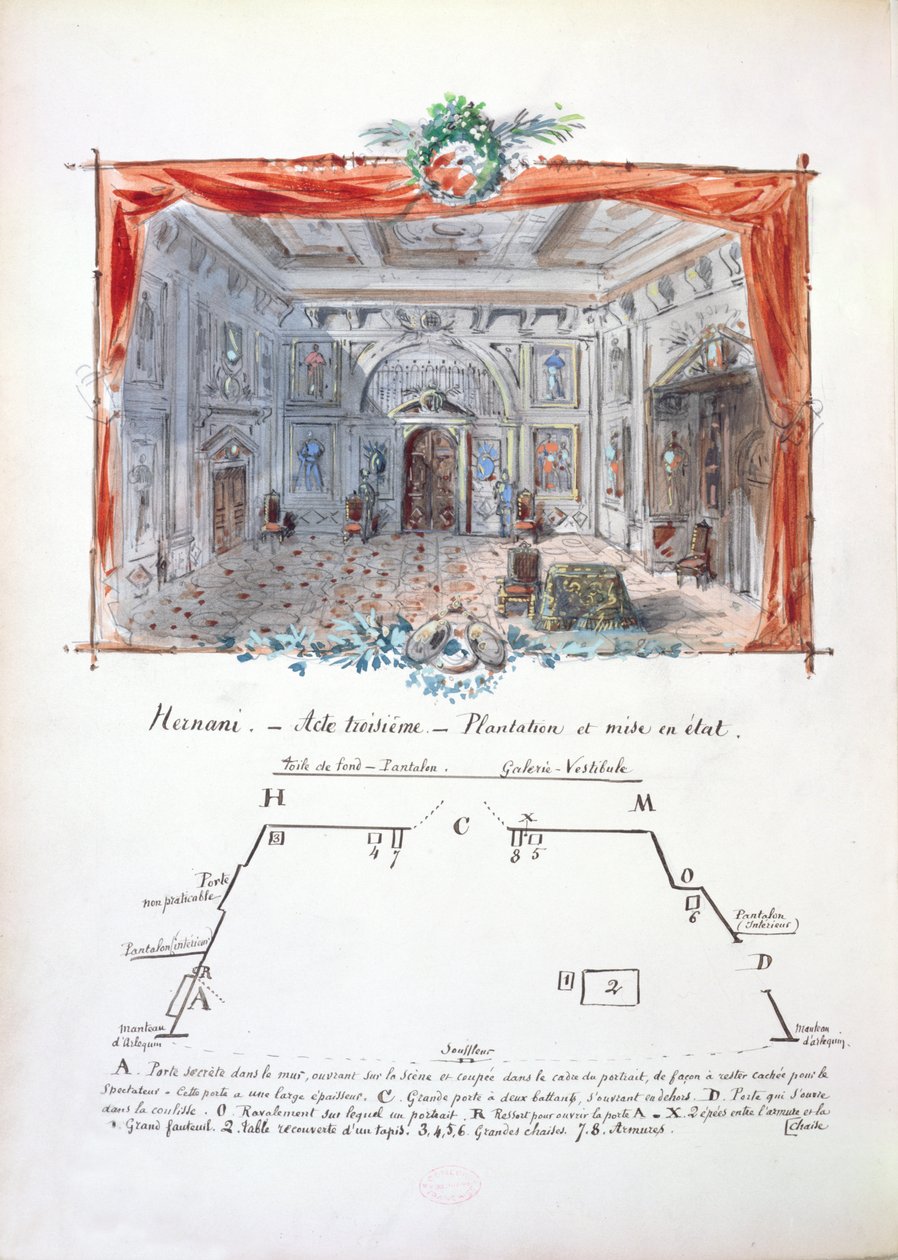 Bühnenbild und Regieanweisungen für eine Produktion von Hernani von Victor Hugo (1802-85), 1879 von Valnay Pere et fils