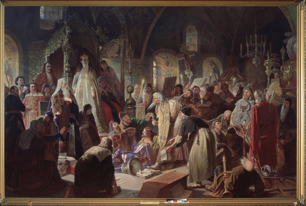 Der altgläubige Pope Nikita Pustoswiat debattiert mit dem Patriarchen von Moskau, Joachim, über den Glauben in Anwesenheit der Regentin Sophia Alexejewna Romanowa von Vasili Grigorevich Perov