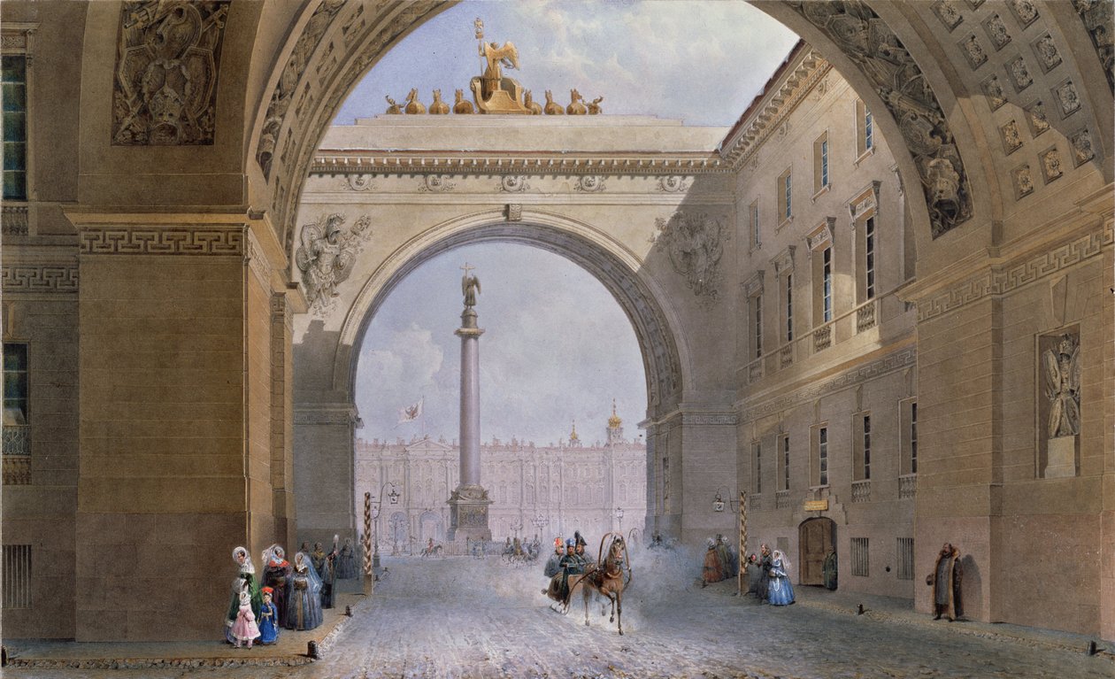 Der Bogen des Generalstabsgebäudes in Sankt Petersburg. Werk von Vasily Semyonovich Sadovnikov (1800-1879), Aquarell auf Papier, um 1830. Russische Kunst des 19. Jahrhunderts. Staatliche Eremitage, Sankt Petersburg von Vasili Semenovich Sadovnikov
