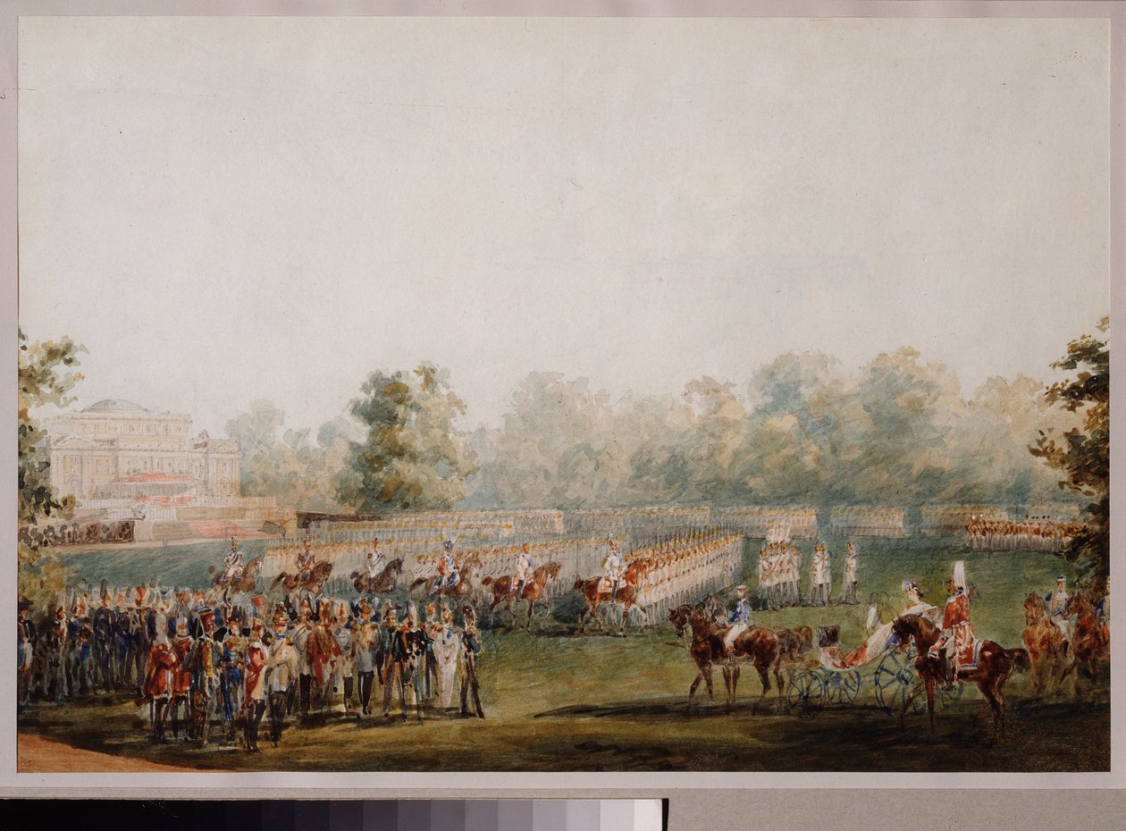 Militärparade auf der Wiese des Elagin-Palastes in Sankt Petersburg von Vasili Semenovich Sadovnikov