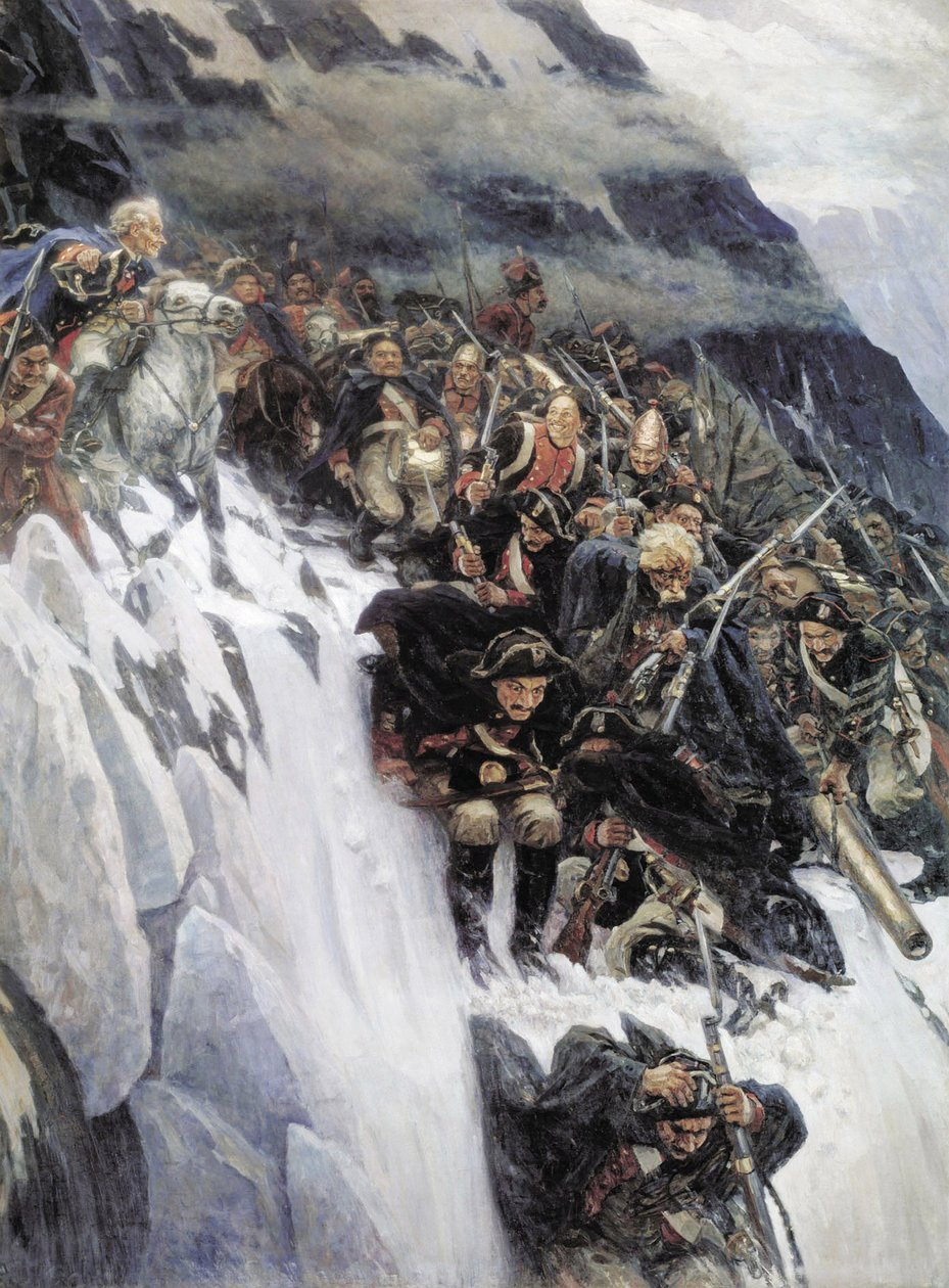 Suworows Armee überquert die Alpen im Jahr 1799, 1899 von Vasilij Ivanovic Surikov