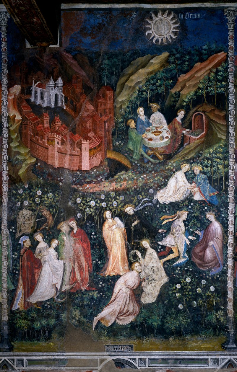 Monat Mai: Paare junger Aristokraten und Dame in einem Rosengarten von Venceslao Maestro