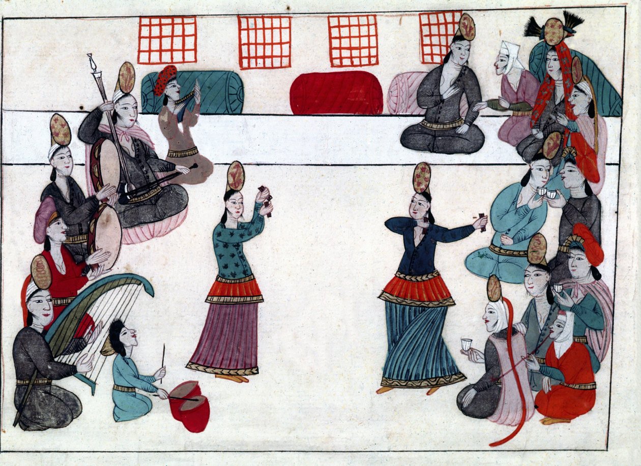 Musiker und Tänzer im Osmanischen Reich. Miniatur aus „Türkische Denkmäler“ (Codex Cicogna 1971 „Memorie Turchesche“) Aquarell der venezianischen Schule des 17. Jahrhunderts von Venetian School