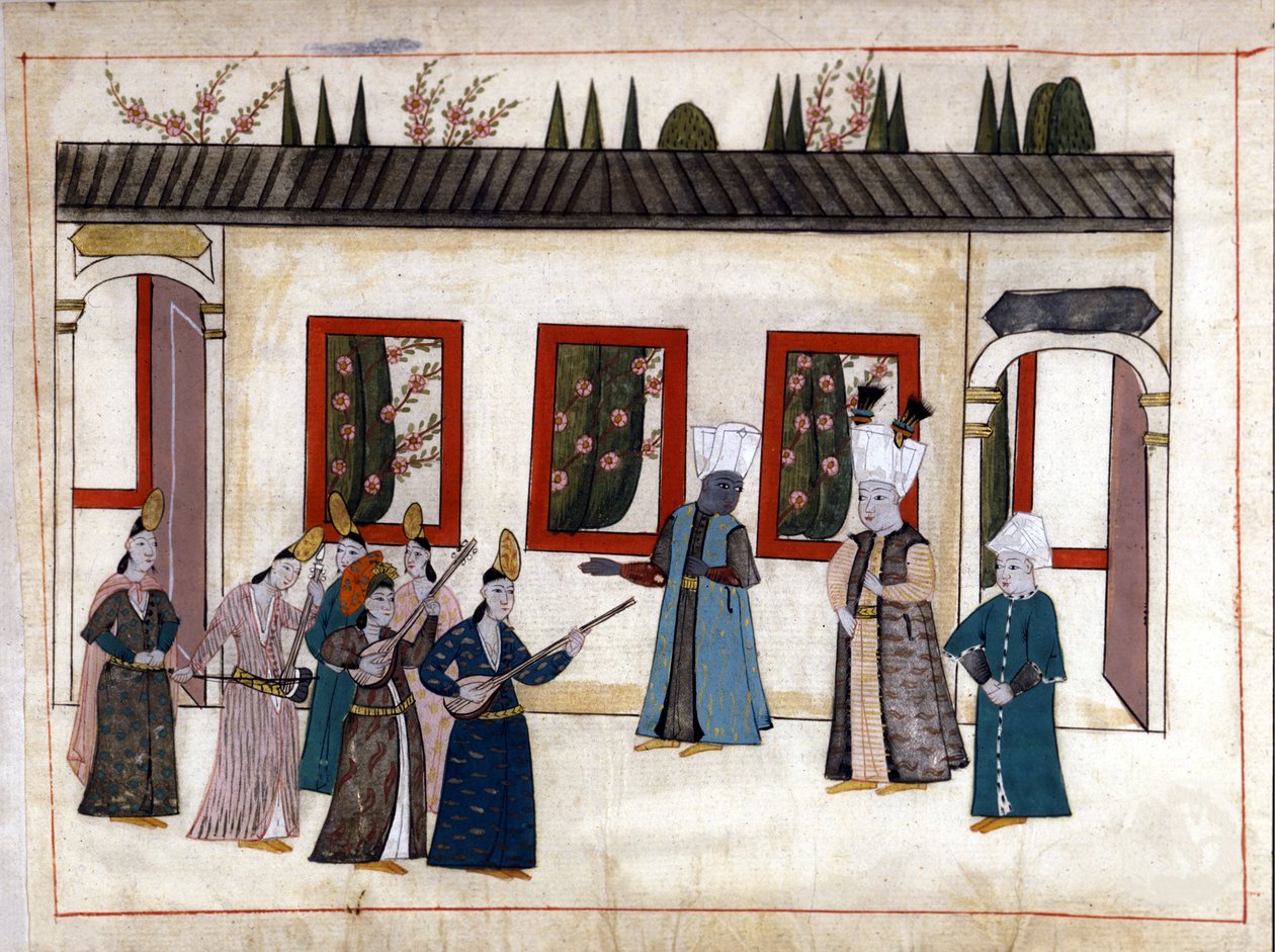 Der Sultan besucht die Favoritin mit der Mutter und dem Oberhaupt der Eunuchen. Miniatur aus „Türkische Denkmäler“ (Codex Cicogna 1971 „Memorie Turchesche“) Aquarell aus der venezianischen Schule des 17. Jahrhunderts. von Venetian School