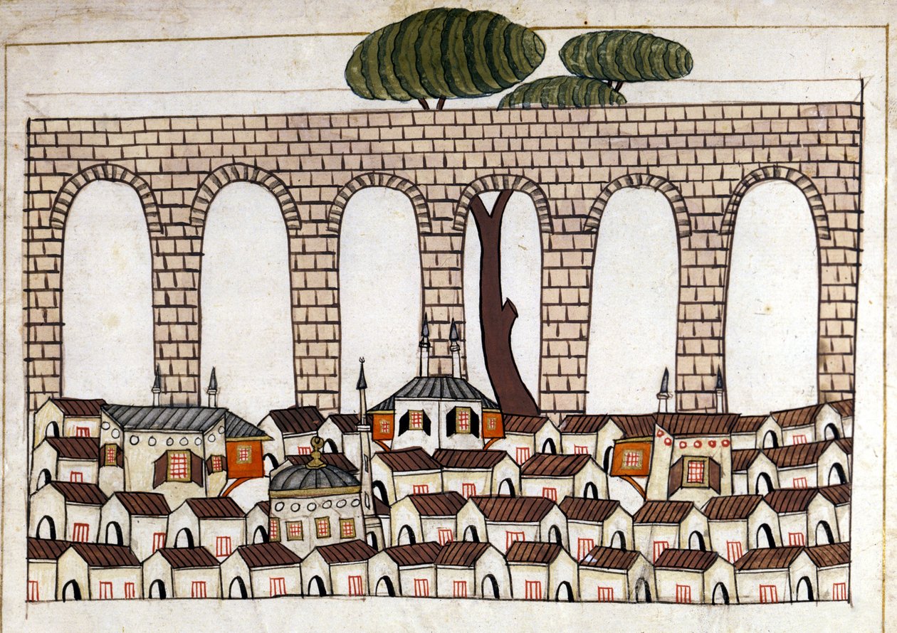 Ansicht von Konstantinopel und seinem Aquädukt. Miniatur aus „Türkische Denkmäler“ (Codex Cicogna 1971 „Memorie Turchesche“) Aquarell aus der venezianischen Schule des 17. Jahrhunderts. von Venetian School