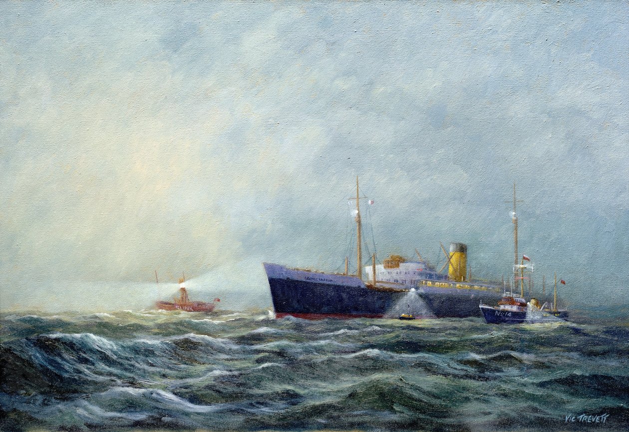 Ein Pfadfinder (Zweisitzer-Motorboot), verlässt ein Flugzeug vor dem Leuchtturmschiff vor Harwich (England) von Vic Trevett