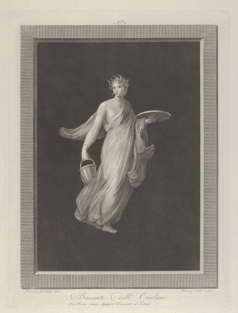 Eine teilweise nackte Bacchantin hält eine Scheibe in ihrer erhobenen linken Hand und einen Eimer, ca. 1795-1820 von Vicenzo Feoli