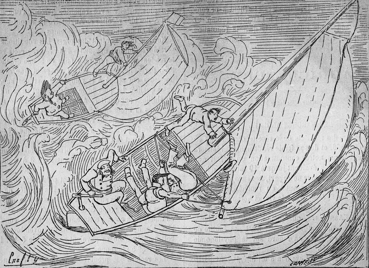 Segelrennen: zwei Regatten, die Goëland und der Monitor kenterten - Auszug aus dem Leuchtturm von Kerkamadec - Zeichnung von Crafty - in „Le Centaure“ von Victor  Geruzez