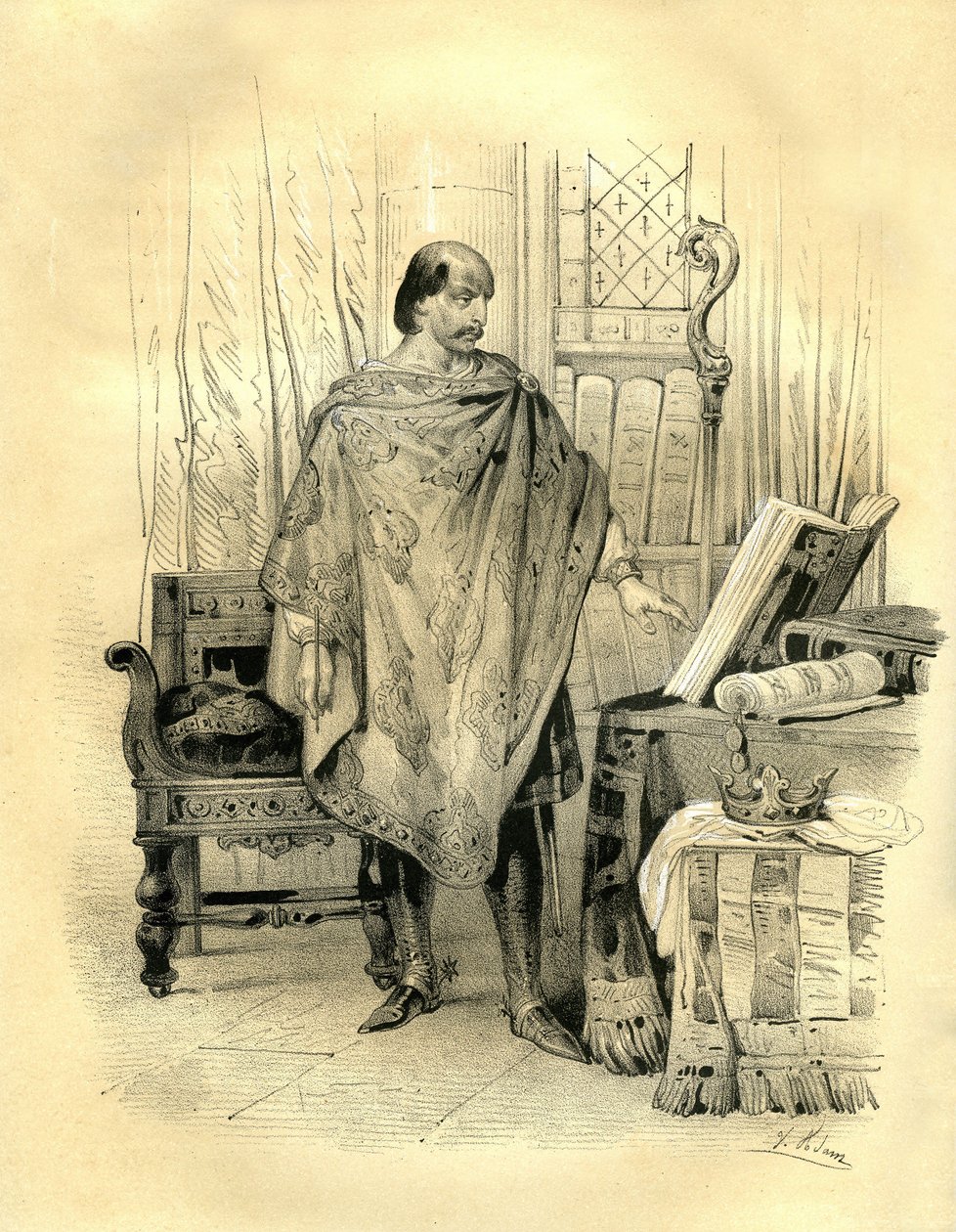Karl II. der Kahle (823-877) König von Aquitanien (838), König des Westfrankenreichs (840), König von Lothringen und Burgund (869), Kaiser des Westens (875). Gravur von Victor Adam (1801-1866) im Buch "Frankreich im Mittelalter" veröffentlicht von den Arda von Victor Adam