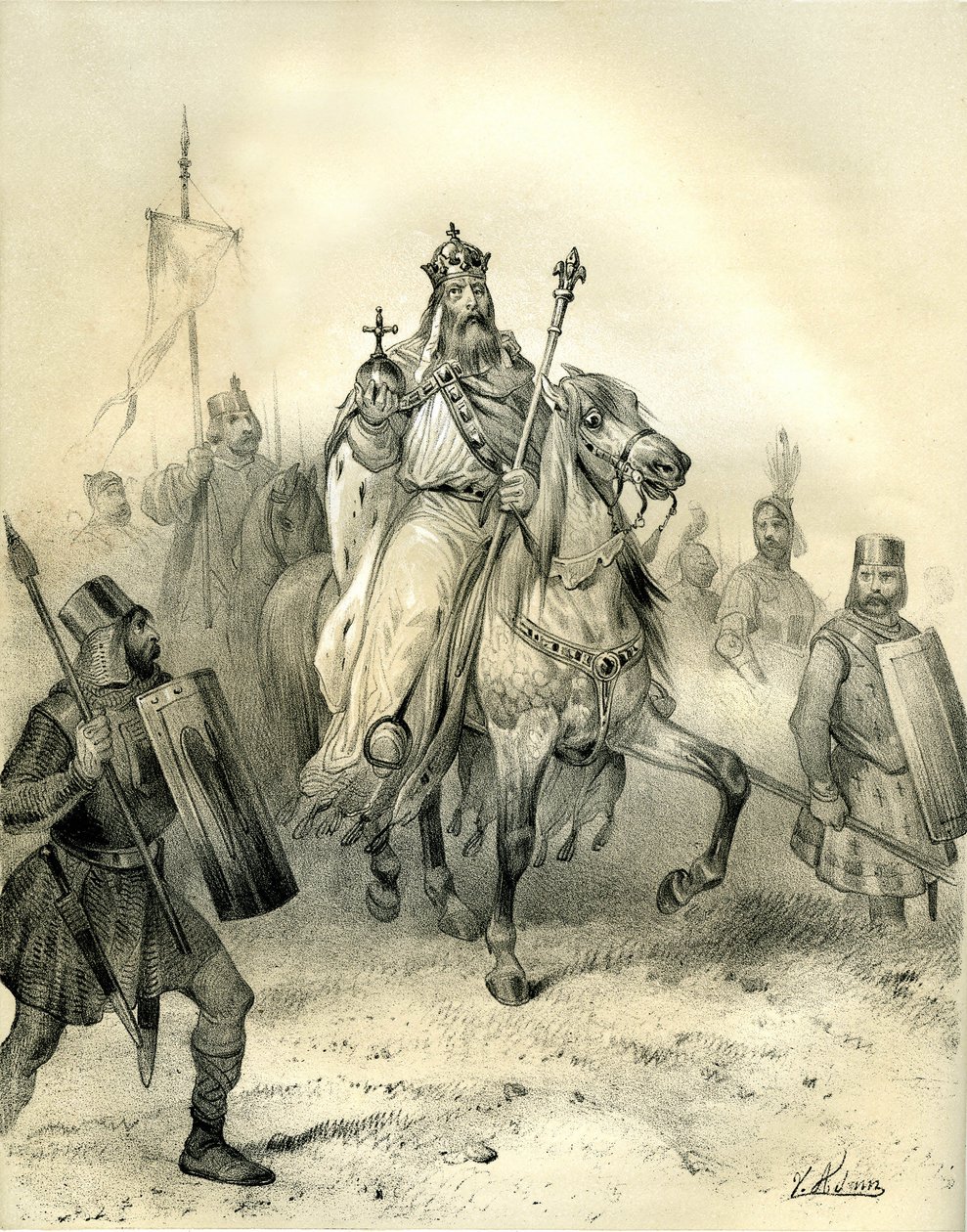 Kaiser Karl der Große, der die Machtinsignien trägt, reitet an der Spitze seiner Truppen. Gravur von Victor Adam (1801-1866) im Buch „Frankreich im Mittelalter“ veröffentlicht von den Ardant-Brüdern im 19. Jahrhundert. von Victor Adam