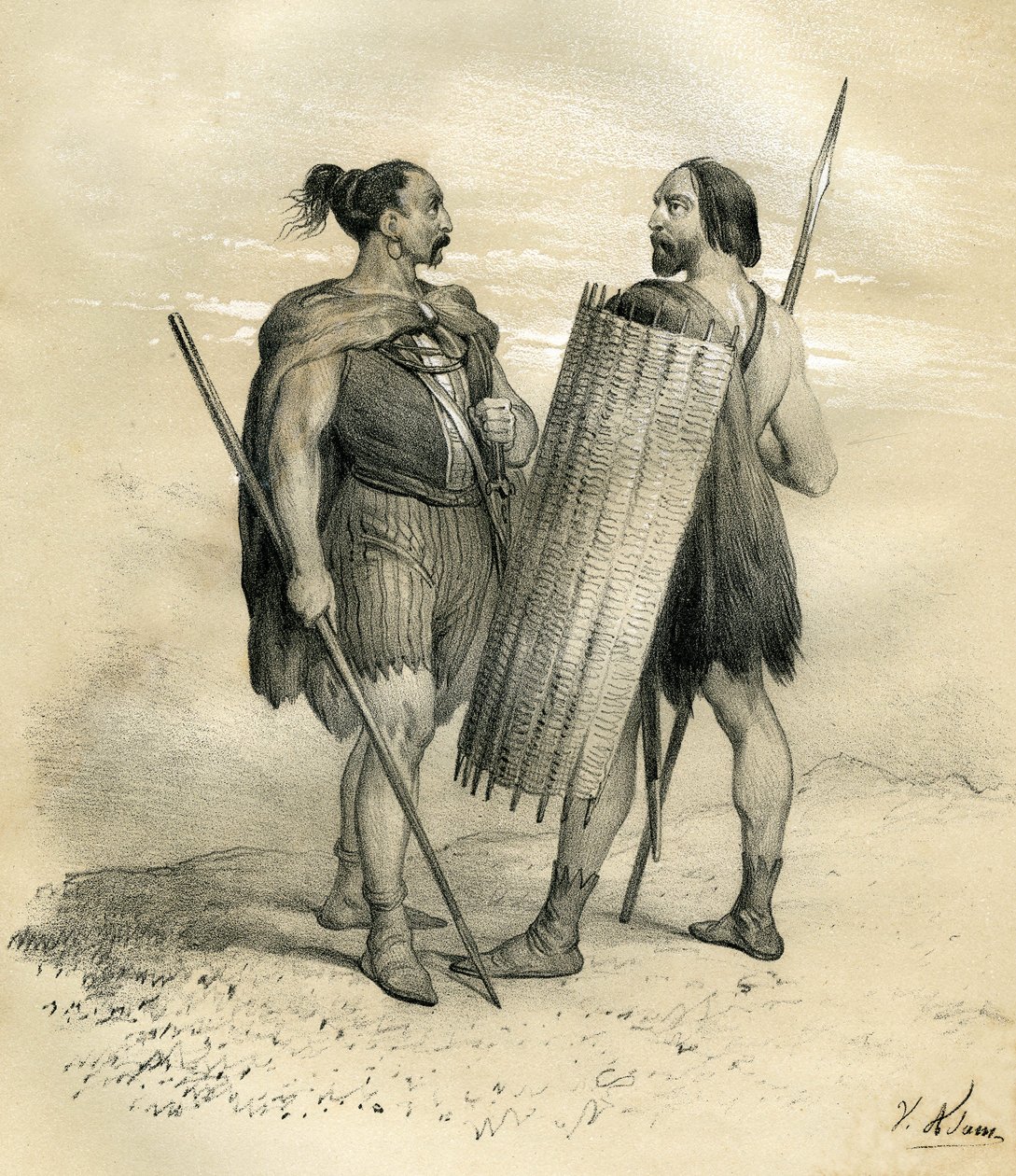 Fränkische und Sicamber-Krieger um das Jahr 254. Die Sicamber waren ein germanisches Volk südlich der Lippe, das im 8. Jahrhundert von den Römern unterworfen und dann in das fränkische Volk integriert wurde. Gravur von Victor Adam (1801-1866) im Buch „Fran von Victor Adam