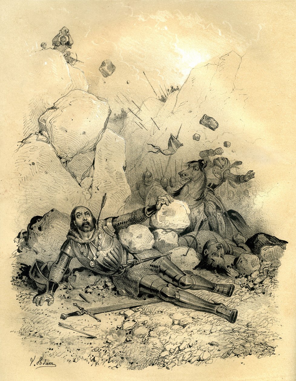 Roland, Graf der Bretagne, getötet von einer Abteilung Vascons (Basken) im Jahr 778 im Tal von Ronceveaux (Pyrenäen). Gravur von Victor Adam im Buch „Frankreich im Mittelalter“ veröffentlicht von den Ardant-Brüdern von Victor Adam