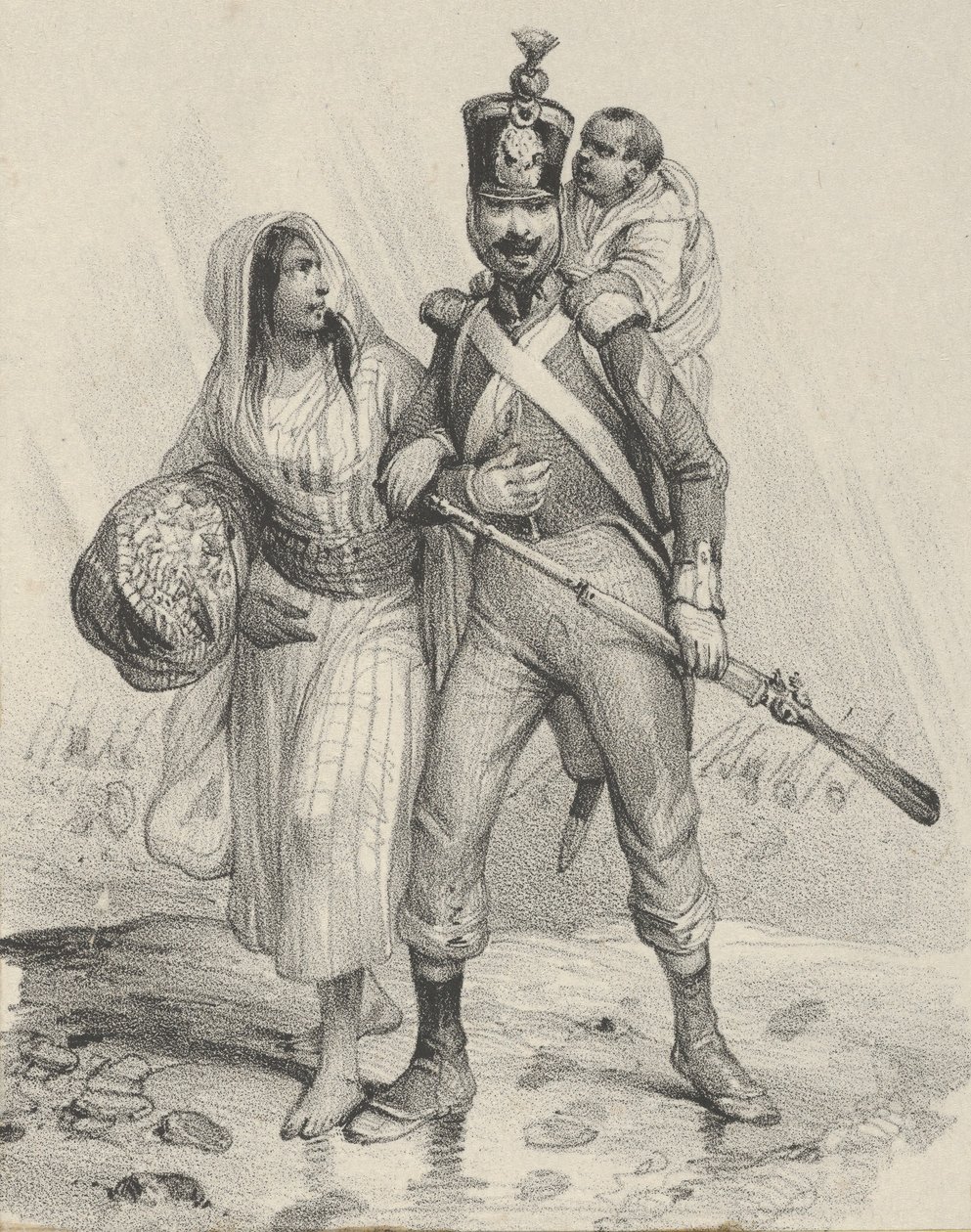 Soldat mit einer Frau am Arm und einem Kind auf dem Rücken, Mitte des 19. Jahrhunderts von Victor Adam