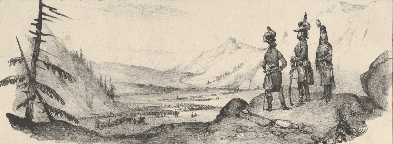 Drei Soldaten in einer Landschaft, Mitte des 19. Jahrhunderts von Victor Adam