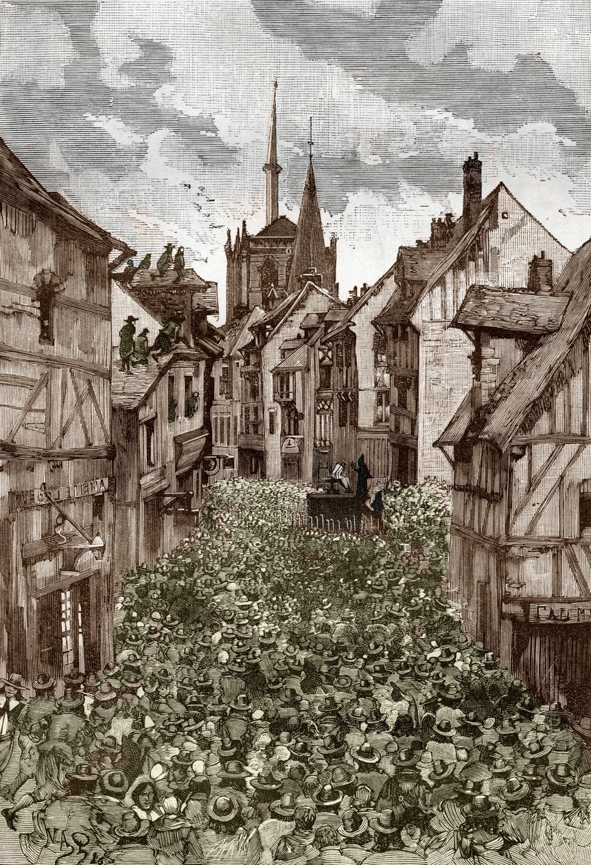 Affäre der Besessenen von Loudun (Dämonen von Loudun) um 1630: Hexenjagd, der französische Priester Urbain Grandier (1590-1634), der angeblich einen Pakt mit dem Teufel geschlossen hat und beschuldigt wird, Nonnen verzaubert zu haben, wird verbrannt von Victor Armand Poirson