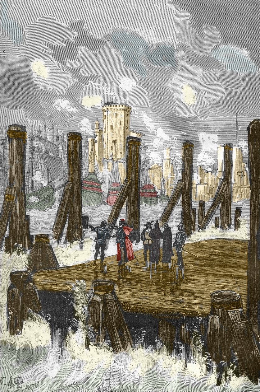 Belagerung von La Rochelle (1627-1628): „Der Kardinal von Richelieu (1585-1642) auf dem Damm von La Rochelle während der Belagerung der Stadt, Waffenplatz der Protestanten im Oktober 1628“ von Victor Armand Poirson