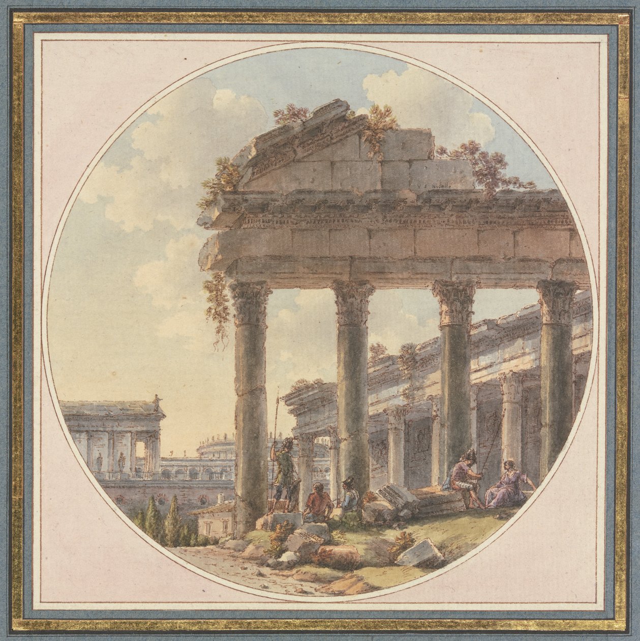 Architektonisches Capriccio: Tempelruine und Figurenstaffage von Victor Jean Nicolle