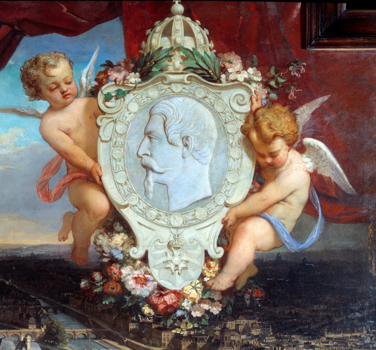 (Detail) Der Louvre von Napoleon III. Ansicht des Palais du Louvre und das Porträt von Napoleon III. (1808-1873) im Medaillon von Victor Joseph Chavet