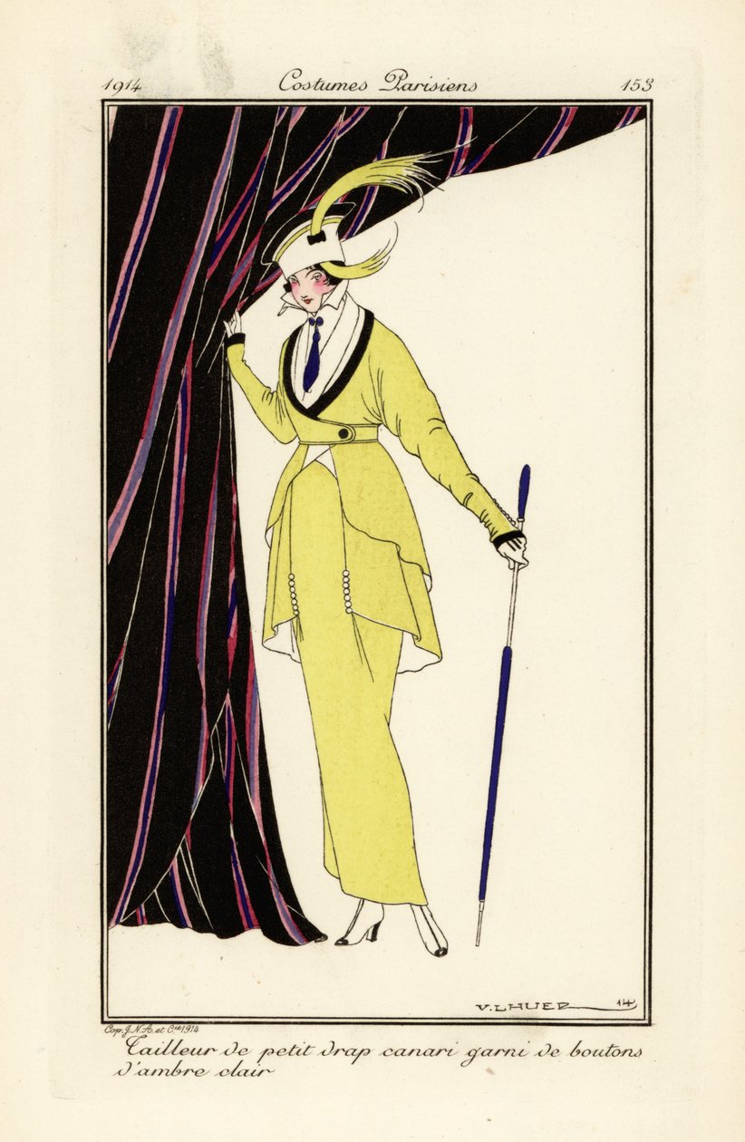Frau in kanariengelbem Kleid mit Bernsteinknöpfen von Victor Lhuer