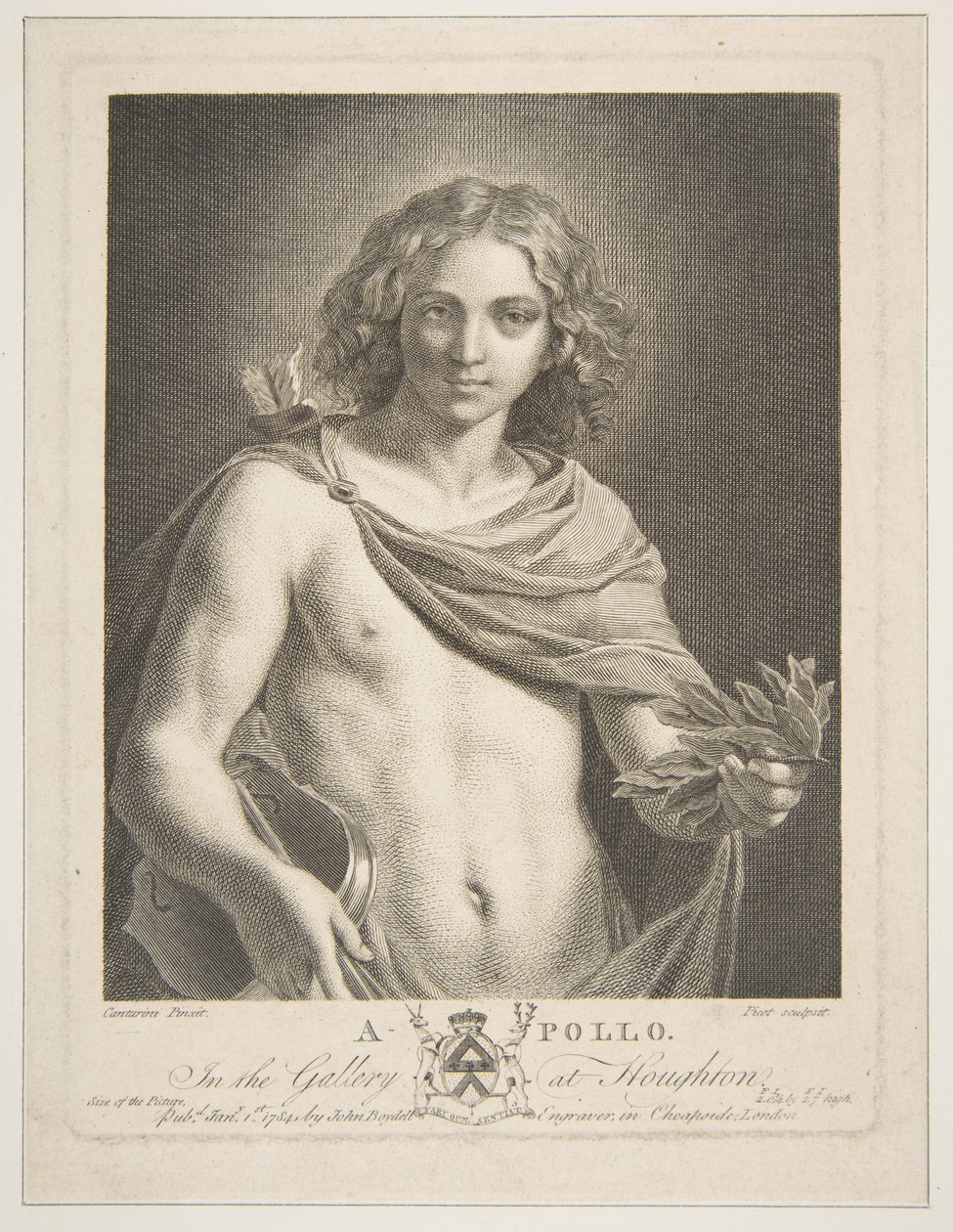 Apollo trägt einen Mantel und hält einen Lorbeerzweig und eine Geige, 1784 von Victor Marie Picot